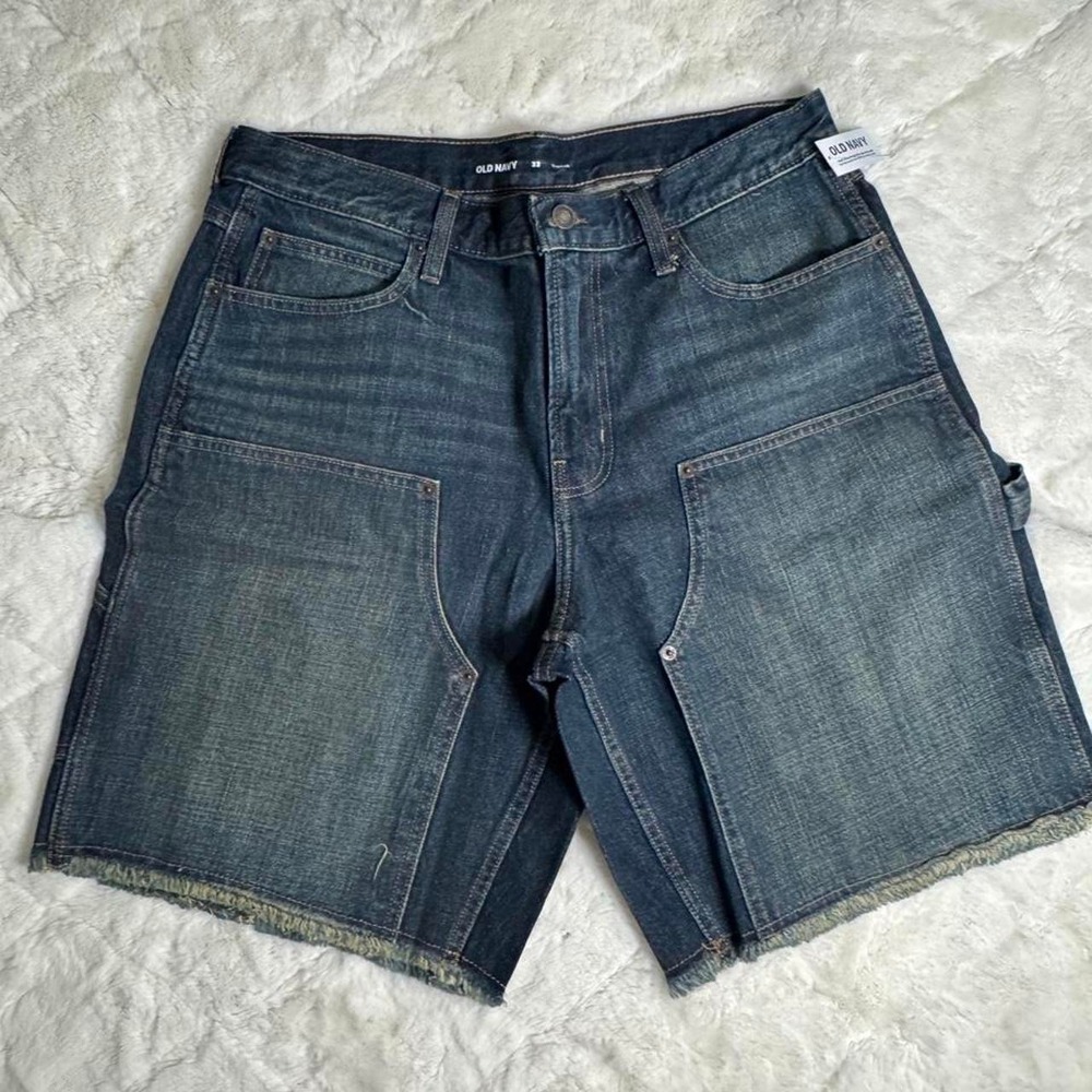 Old Navy Dark Wash Denim Carpenter Shorts Raw Hem 33